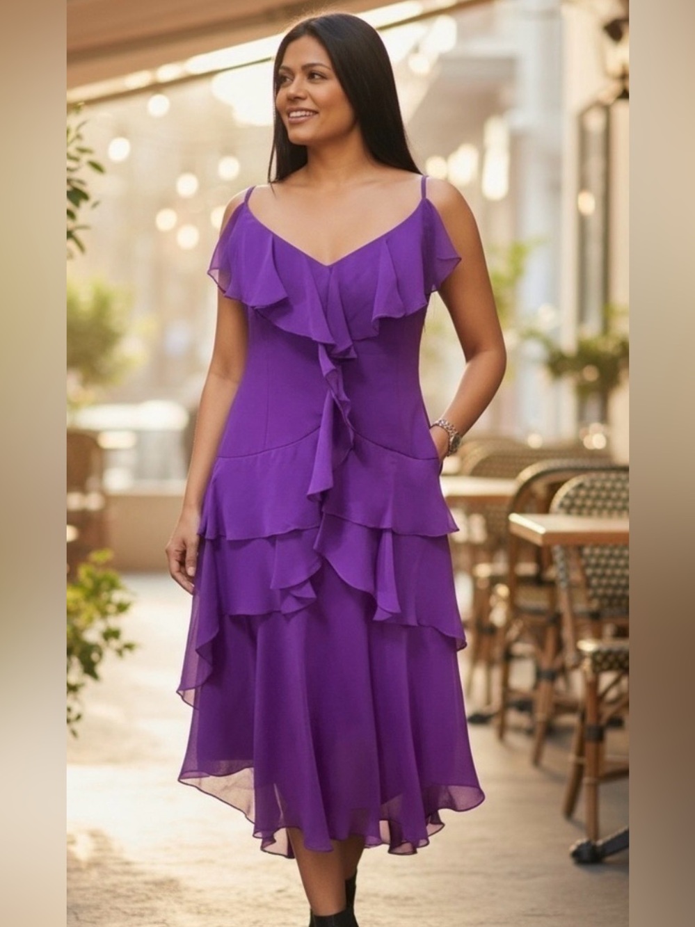 Spenser Jeremy 100% Silk Purple Ruffle Midi Dress Women’s Sz. 8, 90’s, Y2K, VTG